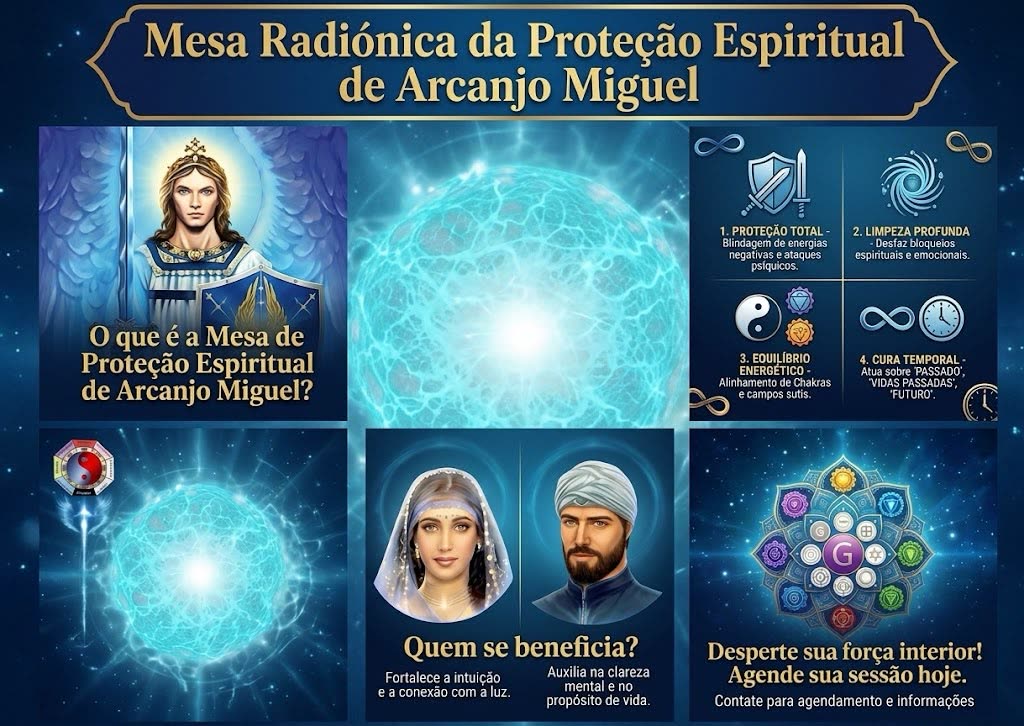 Mesa Radiônica da Proteção Espiritual de Arcanjo Miguel, com imagem do Arcanjo e símbolos de proteção