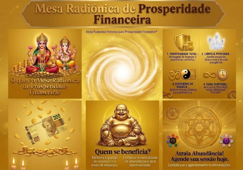 Mesa Radiônica de Prosperidade Financeira, com Deusa da fortuna, Ganesha e símbolos de abundância
