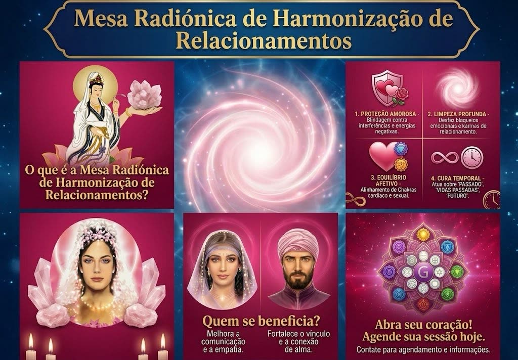 Mesa Radiônica de Harmonização de Relacionamentos, com Kuan Yin e cristais rosa